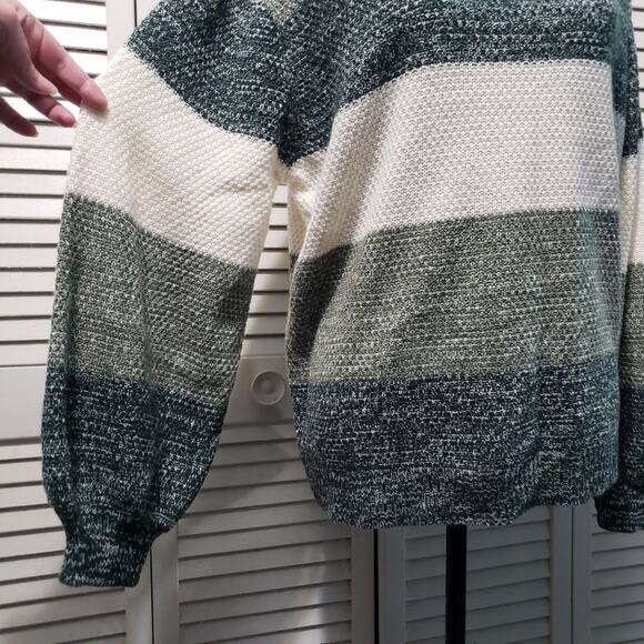 Zenana Knit Turtleneck Sweater Women's XL Green Cream Striped Balloon Sleeve - Picture 3 of 10